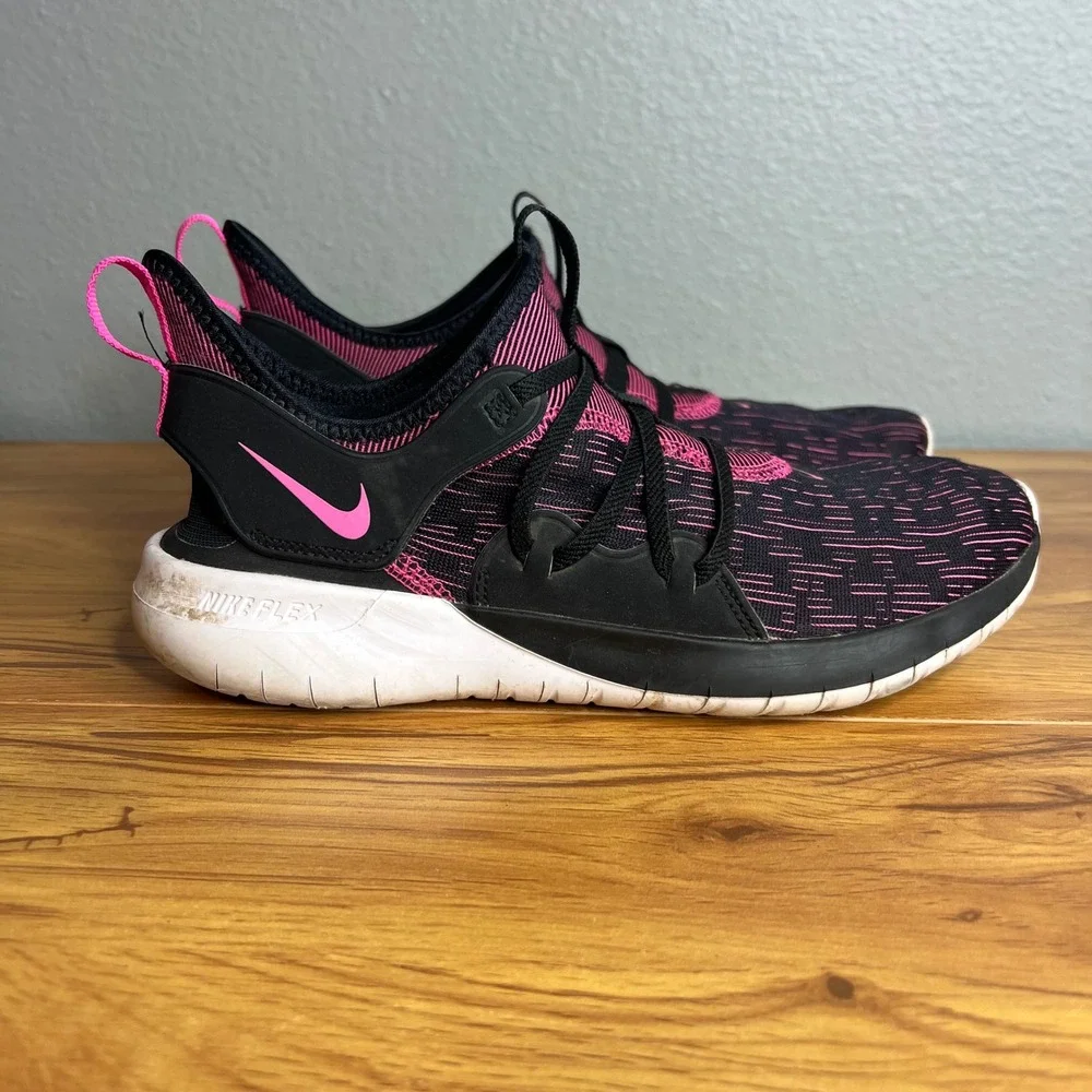Nike Flex Running Shoes Girls 8 Black Pink‎ Contact 3 AQ7481-002 Sneakers